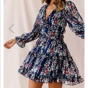 Cutout Back Ruffle Detail Floral Dress Navy